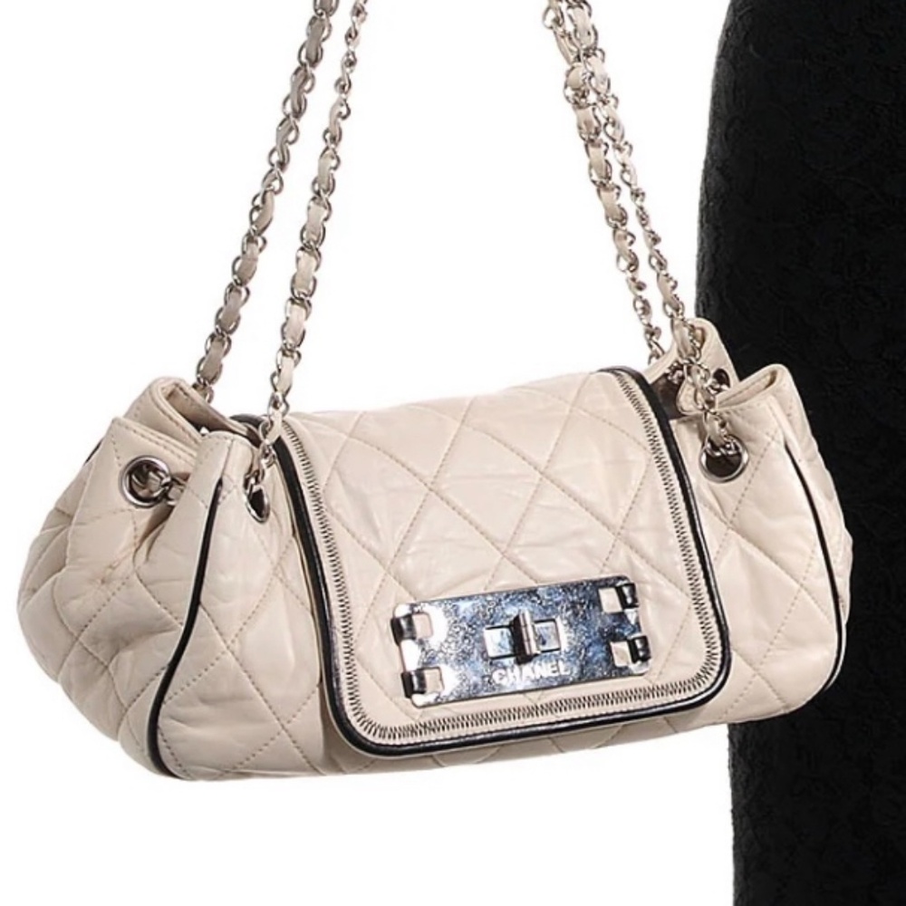 Chanel Ivory Lambskin East West Accordion Leather Flap Bag